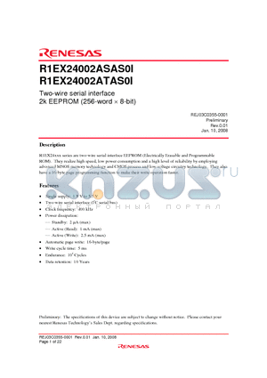 R1EX24002ASAS0I datasheet - Two-wire serial interface 2k EEPROM (256-word  8-bit)