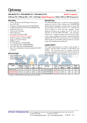 SPB-8605BLWG datasheet - 1310 nm TX / 1550 nm RX , 3.3V / 4.25 Gbps Digital Diagnostic 1-Fiber SMLC SFP Transceiver