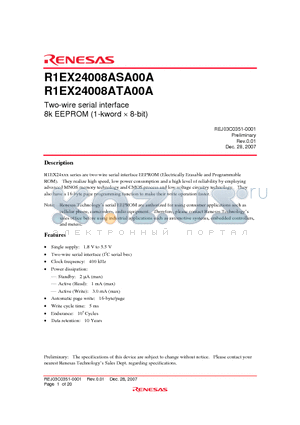 R1EX24008ATA00A datasheet - Two-wire serial interface 8k EEPROM (1-kword  8-bit)