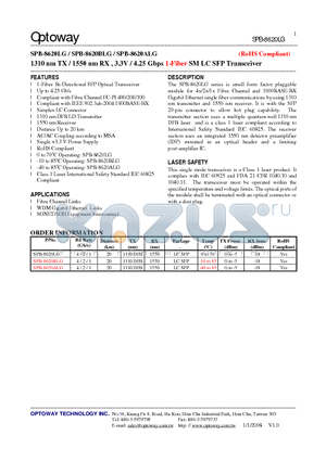 SPB-8620ALG datasheet - 1310 nm TX / 1550 nm RX , 3.3V / 4.25 Gbps 1-Fiber SMLC SFP Transceiver