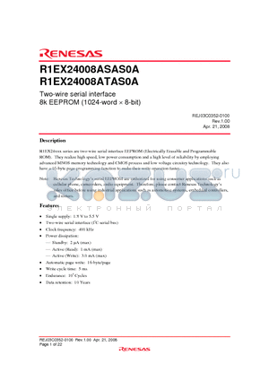 R1EX24008ATAS0A datasheet - Two-wire serial interface 8k EEPROM (1024-word  8-bit)