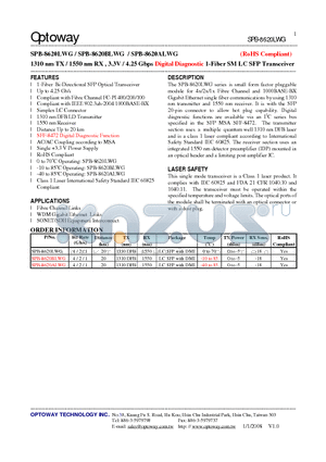 SPB-8620LWG datasheet - 1310 nm TX / 1550 nm RX , 3.3V / 4.25 Gbps Digital Diagnostic 1-Fiber SMLC SFP Transceiver