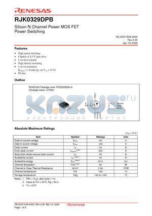 RJK0329DPB datasheet - Silicon N Channel Power MOS FET Power Switching