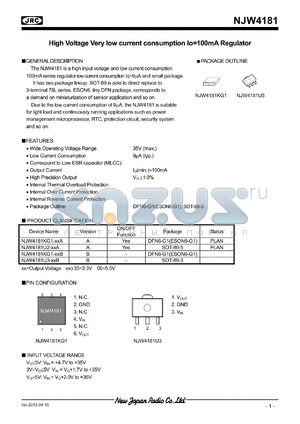 NJW4181 datasheet - High Voltage Very low current consumption Io=100mA Regulator