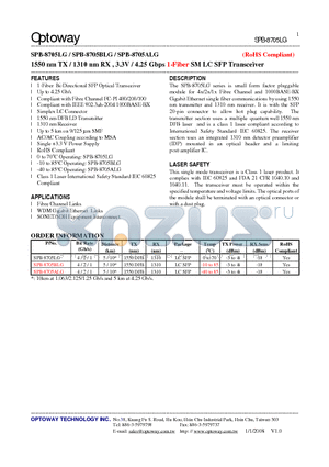 SPB-8705ALG datasheet - 1550 nm TX / 1310 nm RX , 3.3V / 4.25 Gbps 1-Fiber SMLC SFP Transceiver