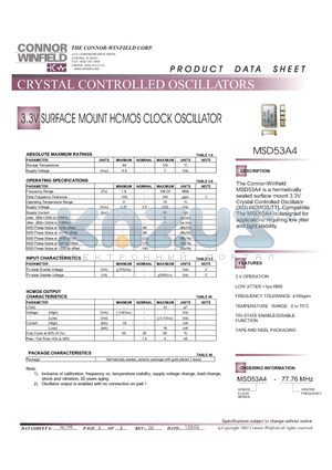 MSD53A4 datasheet - 3.3V SURFACE MOUNT HCMOS CLOCK OSCILLATOR