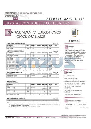 MSD534-125.00M datasheet - SURFACE MOUNT J LEADED HCMOS CLOCK OSCILLATOR