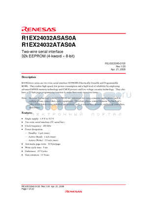 R1EX24032ATAS0A datasheet - Two-wire serial interface 32k EEPROM (4-kword  8-bit)