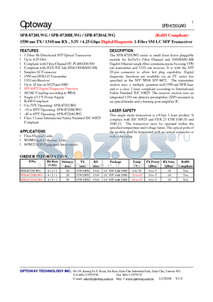 SPB-8720ALWG datasheet - 1550 nm TX / 1310 nm RX , 3.3V / 4.25 Gbps Digital Diagnostic 1-Fiber SMLC SFP Transceiver