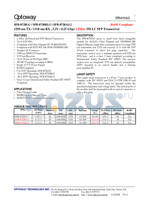 SPB-8720LG datasheet - 1550 nm TX / 1310 nm RX , 3.3V / 4.25 Gbps 1-Fiber SMLC SFP Transceiver