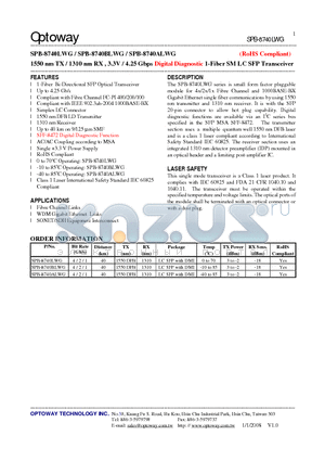 SPB-8740ALWG datasheet - 1550 nm TX / 1310 nm RX , 3.3V / 4.25 Gbps Digital Diagnostic 1-Fiber SMLC SFP Transceiver