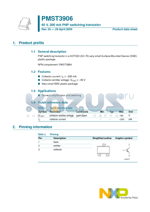 PMST3906 datasheet - 40 V, 200 mA PNP switching transistor