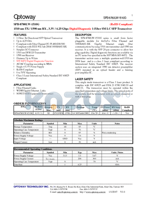 SPB-8780LW-1510G datasheet - 1510 nm TX / 1590 nm RX , 3.3V / 4.25 Gbps Digital Diagnostic 1-Fiber SMLC SFP Transceiver