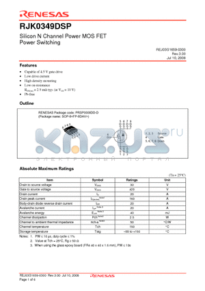 RJK0349DSP-00-J0 datasheet - Silicon N Channel Power MOS FET Power Switching