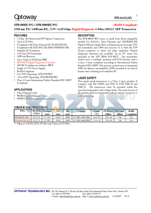 SPB-8805BLWG datasheet - 1310 nm TX / 1490 nm RX , 3.3V / 4.25 Gbps Digital Diagnostic 1-Fiber SM LC SFP Transceiver