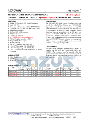 SPB-8810ALWG datasheet - 1310 nm TX / 1490 nm RX , 3.3V / 4.25 Gbps Digital Diagnostic 1-Fiber SMLC SFP Transceiver