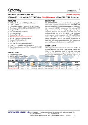 SPB-8820BLWG datasheet - 1310 nm TX / 1490 nm RX , 3.3V / 4.25 Gbps Digital Diagnostic 1-Fiber SM LC SFP Transceiver