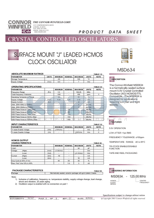 MSD634-125.00M datasheet - SURFACE MOUNT J LEADED HCMOS CLOCK OSCILLATOR