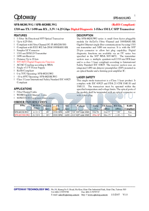 SPB-8820LWG datasheet - 1310 nm TX / 1490 nm RX , 3.3V / 4.25 Gbps Digital Diagnostic 1-Fiber SM LC SFP Transceiver