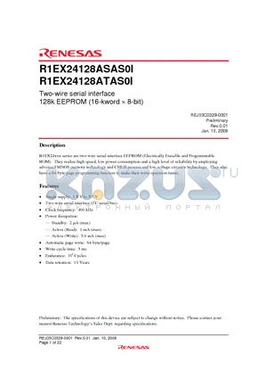 R1EX24128ASAS0I datasheet - Two-wire serial interface 128k EEPROM (16-kword  8-bit)