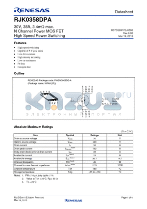 RJK0358DPA datasheet - Silicon N Channel Power MOS FET Power Switching