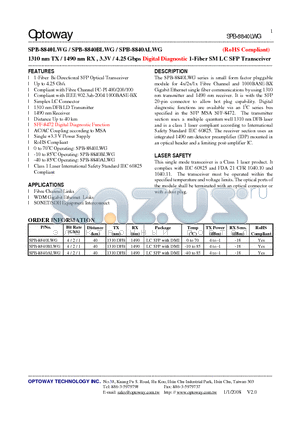 SPB-8840BLWG datasheet - 1310 nm TX / 1490 nm RX , 3.3V / 4.25 Gbps Digital Diagnostic 1-Fiber SMLC SFP Transceiver