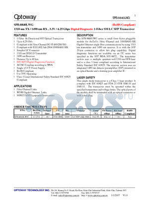 SPB-8840LWG datasheet - 1310 nm TX / 1490 nm RX , 3.3V / 4.25 Gbps Digital Diagnostic 1-Fiber SM LC SFP Transceiver