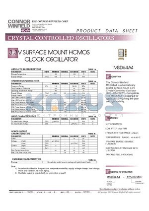 MSD64A4-125.00M datasheet - 3.3V SURFACE MOUNT HCMOS CLOCK OSCILLATOR