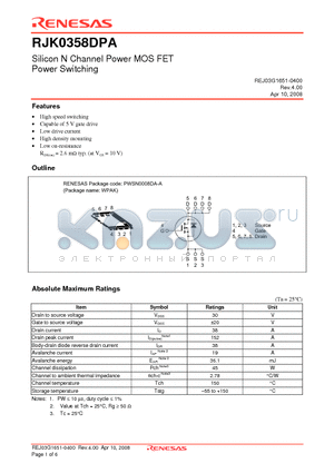 RJK0358DSP datasheet - Silicon N Channel Power MOS FET Power Switching