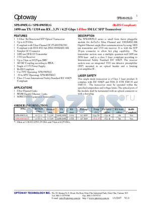 SPB-8905BLG datasheet - 1490 nm TX / 1310 nm RX , 3.3V / 4.25 Gbps 1-Fiber SM LC SFP Transceiver