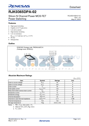 RJK0365DPA-02 datasheet - Silicon N Channel Power MOS FET Power Switching