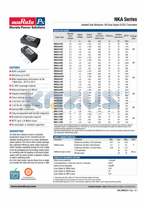 NKA0303DC datasheet - Isolated Sub-Miniature 1W Dual Output DC/DC Converters