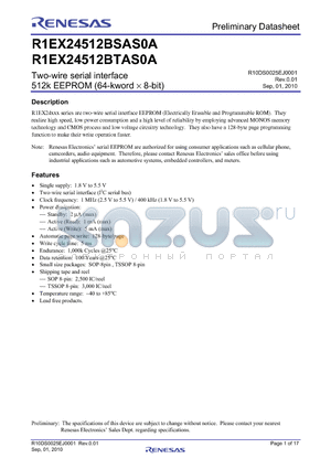 R1EX24512BTAS0A datasheet - Two-wire serial interface 512k EEPROM (64-kword  8-bit)