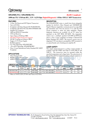 SPB-8905BLWG datasheet - 1490 nm TX / 1310 nm RX , 3.3V / 4.25 Gbps Digital Diagnostic 1-Fiber SM LC SFP Transceiver