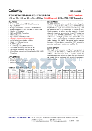 SPB-8910BLWG datasheet - 1490 nm TX / 1310 nm RX , 3.3V / 4.25 Gbps Digital Diagnostic 1-Fiber SMLC SFP Transceiver