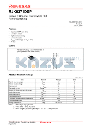 RJK0371DSP datasheet - Silicon N Channel Power MOS FET Power Switching