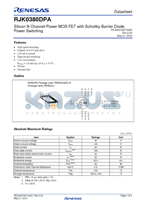 RJK0380DPA datasheet - Silicon N Channel Power MOS FET with Schottky Barrier Diode Power Switching