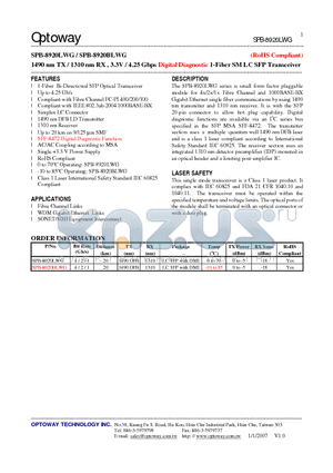 SPB-8920BLWG datasheet - 1490 nm TX / 1310 nm RX , 3.3V / 4.25 Gbps Digital Diagnostic 1-Fiber SM LC SFP Transceiver