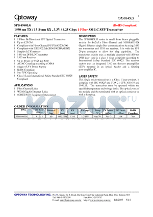 SPB-8940LG datasheet - 1490 nm TX / 1310 nm RX , 3.3V / 4.25 Gbps 1-Fiber SM LC SFP Transceiver