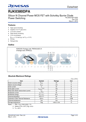 RJK0380DPA_10 datasheet - Silicon N Channel Power MOS FET with Schottky Barrier Diode Power Switching