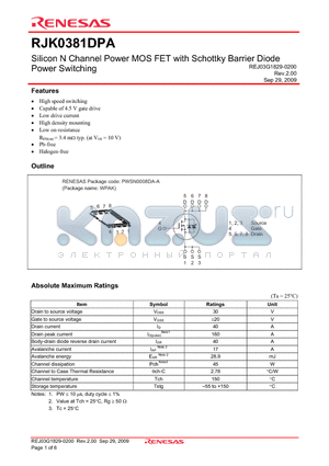 RJK0381DPA datasheet - Silicon N Channel Power MOS FET with Schottky Barrier Diode Power Switching