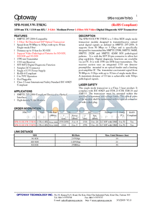 SPB-9110LVW-T3R5G datasheet - 1550 nm TX / 1310 nm RX / 3 Gb/s Medium Power 1-Fibre SMVideo Digital Diagnostic SFP Transceiver