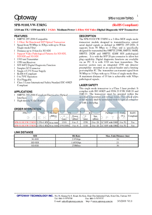 SPB-9110LVW-T5R3G datasheet - 1310 nm TX / 1550 nm RX / 3 Gb/s Medium Power 1-Fibre SMVideo Digital Diagnostic SFP Transceiver