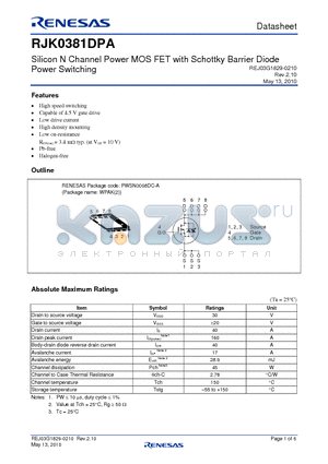 RJK0381DPA-00-J53 datasheet - Silicon N Channel Power MOS FET with Schottky Barrier Diode Power Switching