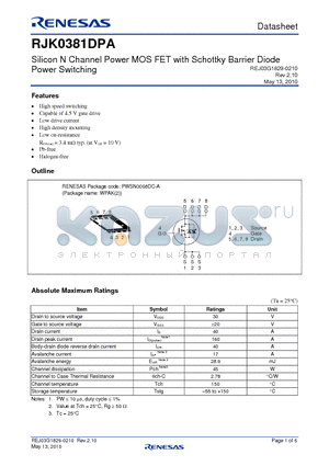 RJK0381DPA_10 datasheet - Silicon N Channel Power MOS FET with Schottky Barrier Diode Power Switching