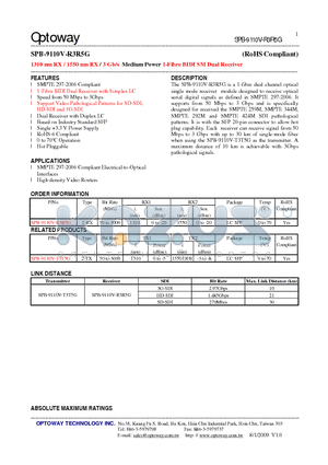 SPB-9110V-R3R5G datasheet - 1310 nm RX / 1550 nm RX / 3 Gb/s Medium Power 1-Fibre BIDI SMDual Receiver