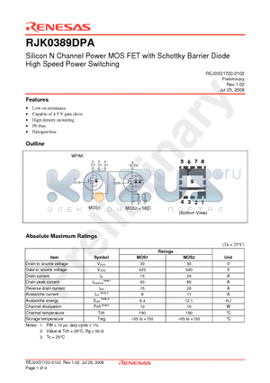 RJK0389DPA datasheet - Silicon N Channel Power MOS FET with Schottky Barrier Diode High Speed Power Switching