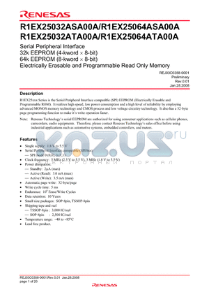 R1EX25032ASA00A datasheet - Serial Peripheral Interface Electrically Erasable and Programmable Read Only Memory