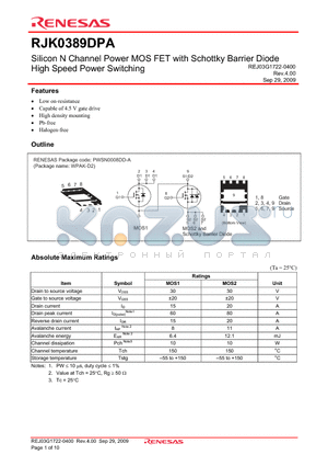 RJK0389DPA datasheet - Silicon N Channel Power MOS FET with Schottky Barrier Diode High Speed Power Switching