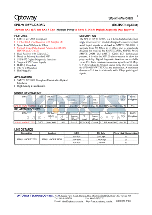 SPB-9110VW-R3R5G datasheet - 1310 nm RX / 1550 nm RX / 3 Gb/s Medium Power 1-Fibre BIDI SMDigital Diagnostic Dual Receiver